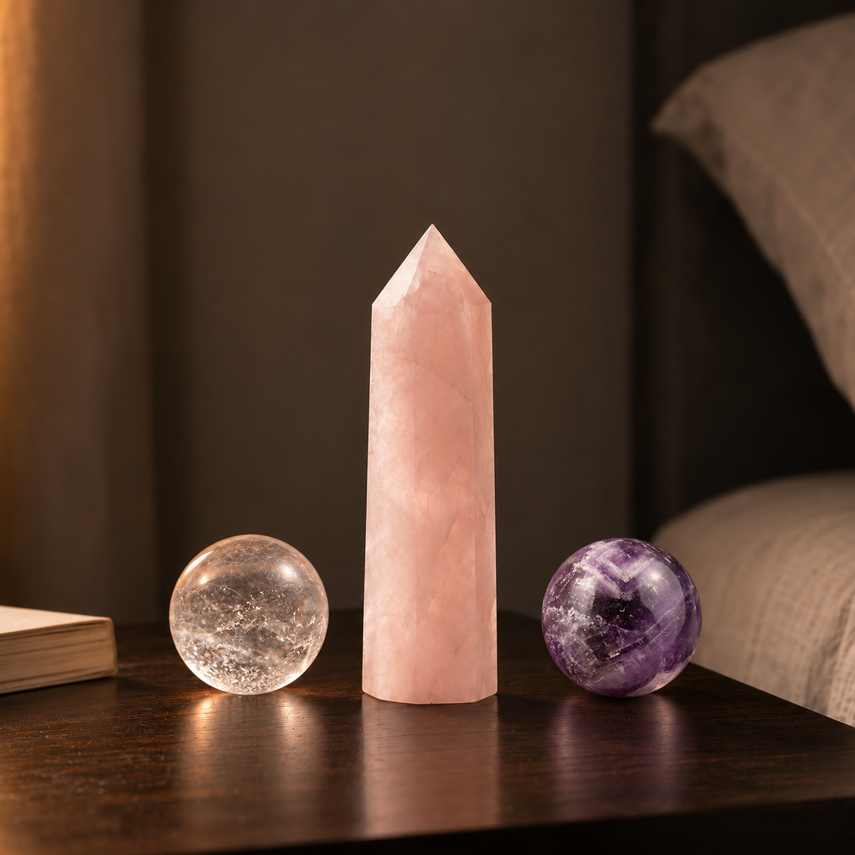 GLISPARK Soft Dream Crystal Set on a dark wood bedside table, featuring a 7–8 cm (2.76–3.15 in) rose quartz tower between two 3 cm (1.18 in) spheres—clear quartz and dream amethyst—in warm ambient light.