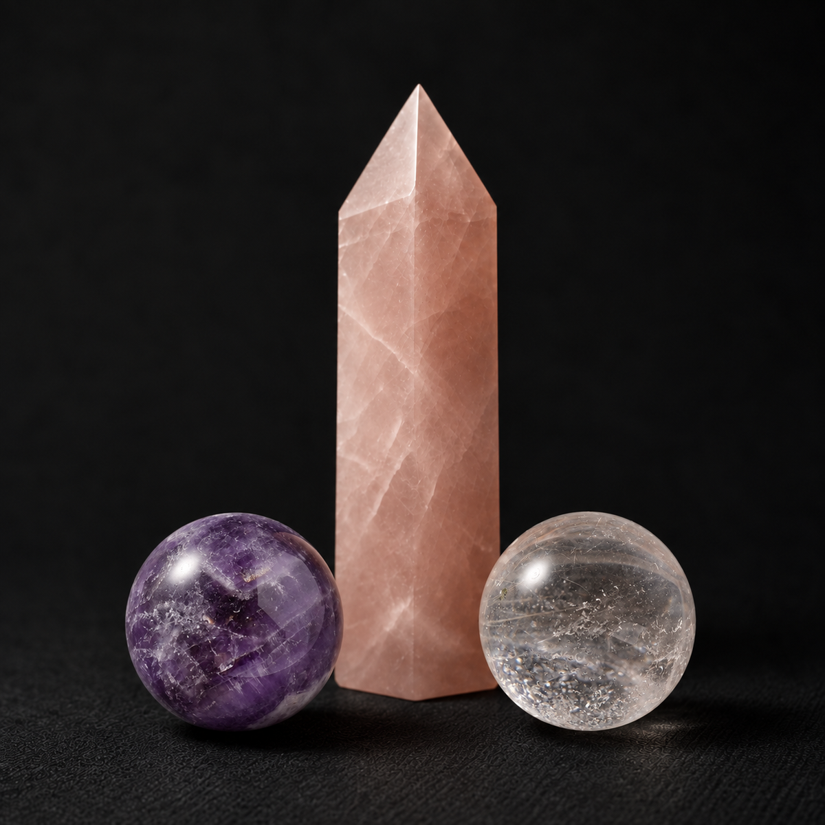 GLISPARK Soft Dream Crystal Set on a black background, featuring a 7–8 cm (2.76–3.15 in) rose quartz tower with two 3 cm (1.18 in) spheres—dream amethyst on the left and clear quartz on the right.