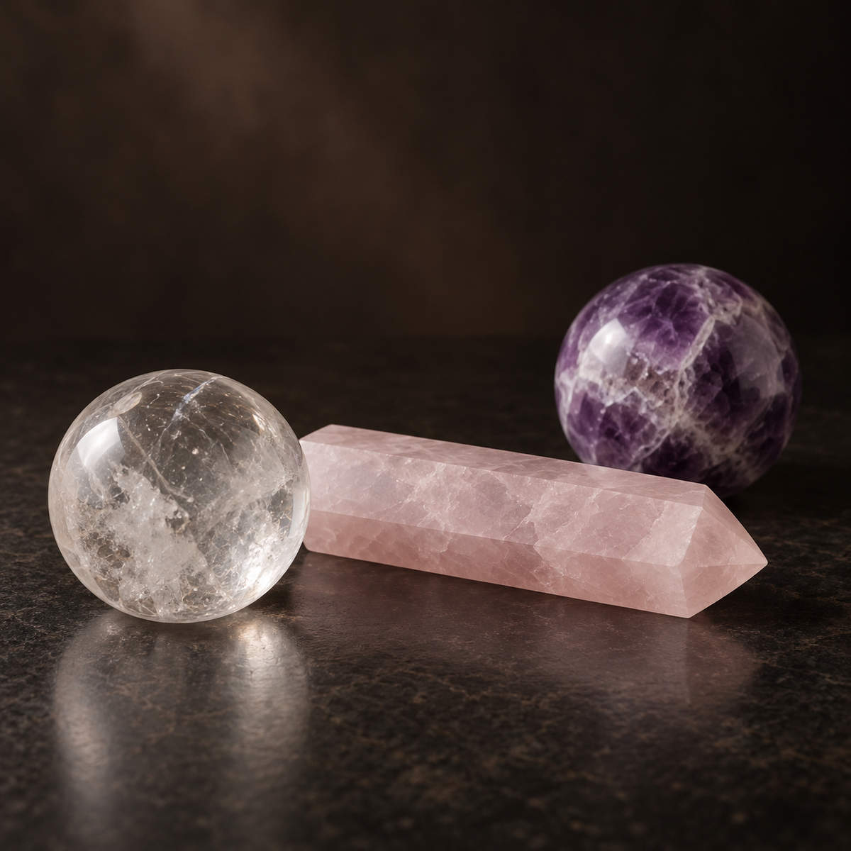 GLISPARK Soft Dream Crystal Set on a dark stone surface, featuring a 7–8 cm (2.76–3.15 in) rose quartz tower and two 3 cm (1.18 in) spheres—clear quartz and dream amethyst.