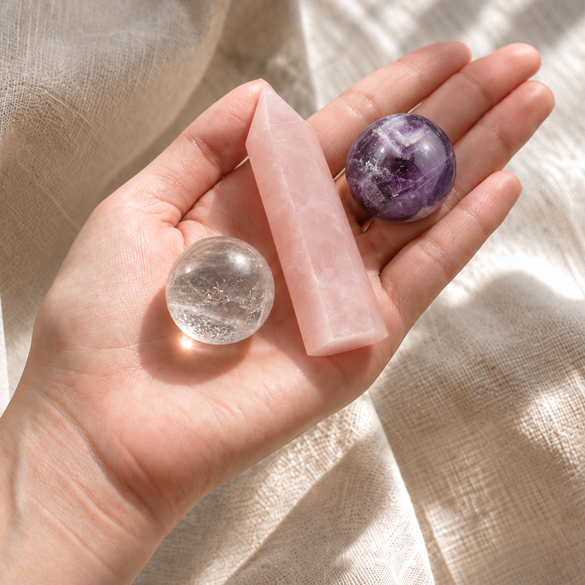 Hand holding the GLISPARK Soft Dream Crystal Set: a 7–8 cm (2.76–3.15 in) rose quartz tower and two 3 cm (1.18 in) spheres—clear quartz and dream amethyst—in soft natural sunlight.