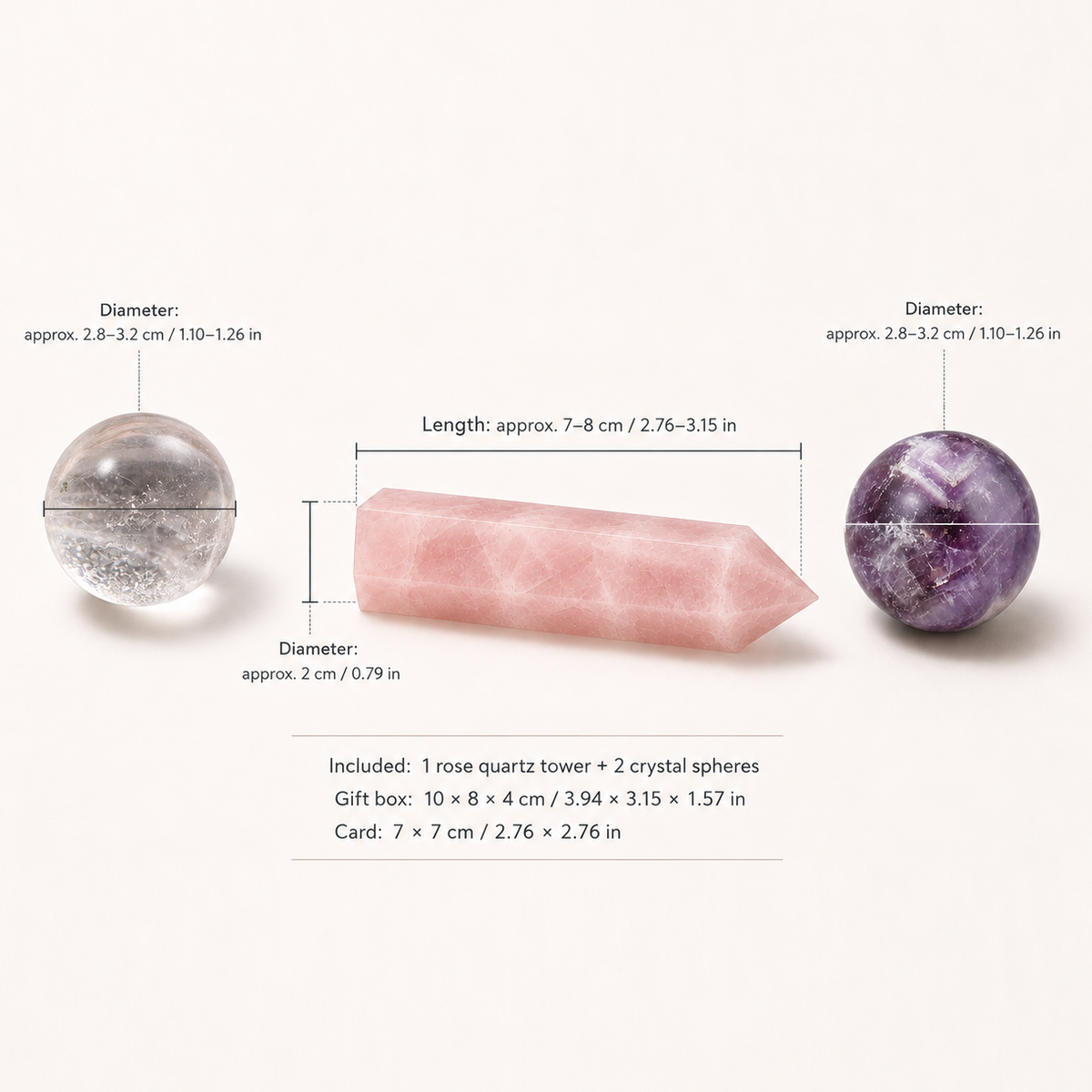 GLISPARK Soft Dream Crystal Set size guide showing a 7–8 cm (2.76–3.15 in) rose quartz tower, a 3 cm (1.18 in) clear quartz sphere, and a 3 cm (1.18 in) dream amethyst sphere. Gift box: 11 × 9 × 4 cm (4.33 × 3.54 × 1.57 in); card: 7 × 7 cm (2.76 × 2.76 in).