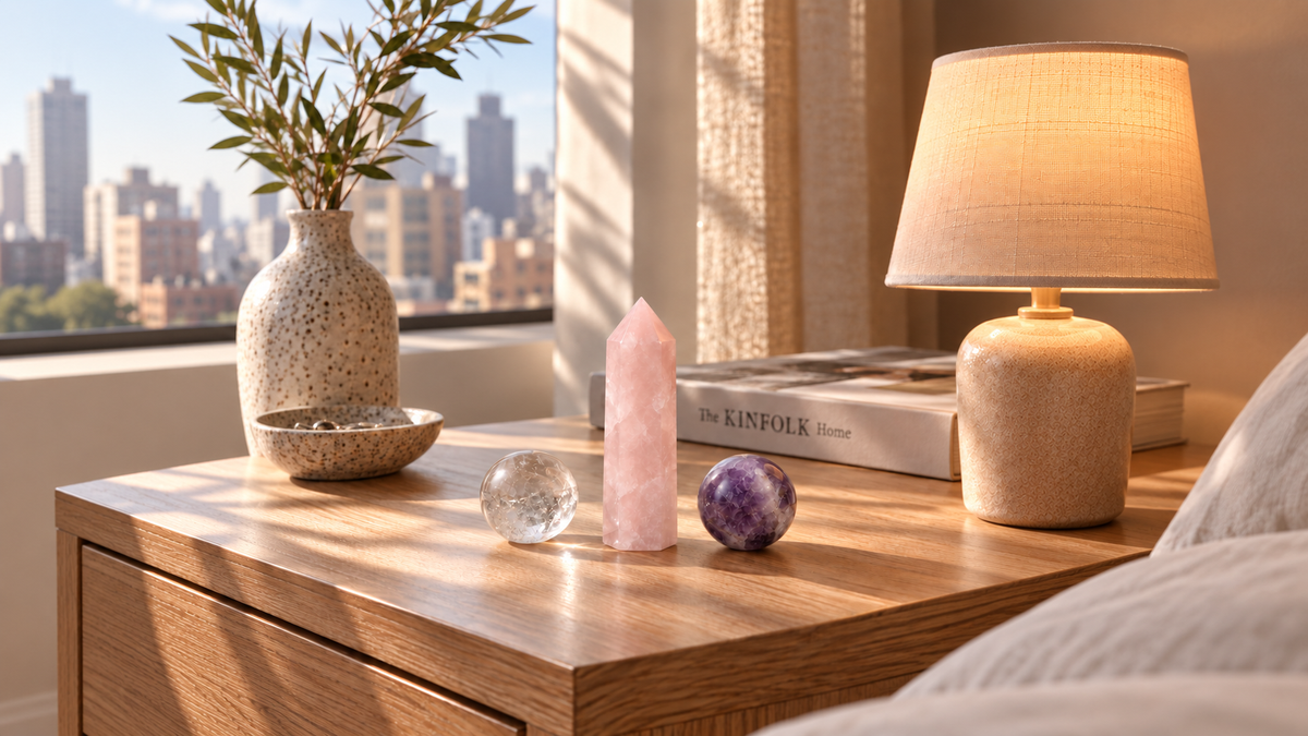 GLISPARK Soft Dream Crystal Set with a rose quartz tower, clear quartz sphere, and dream amethyst sphere on a sunlit bedroom nightstand.