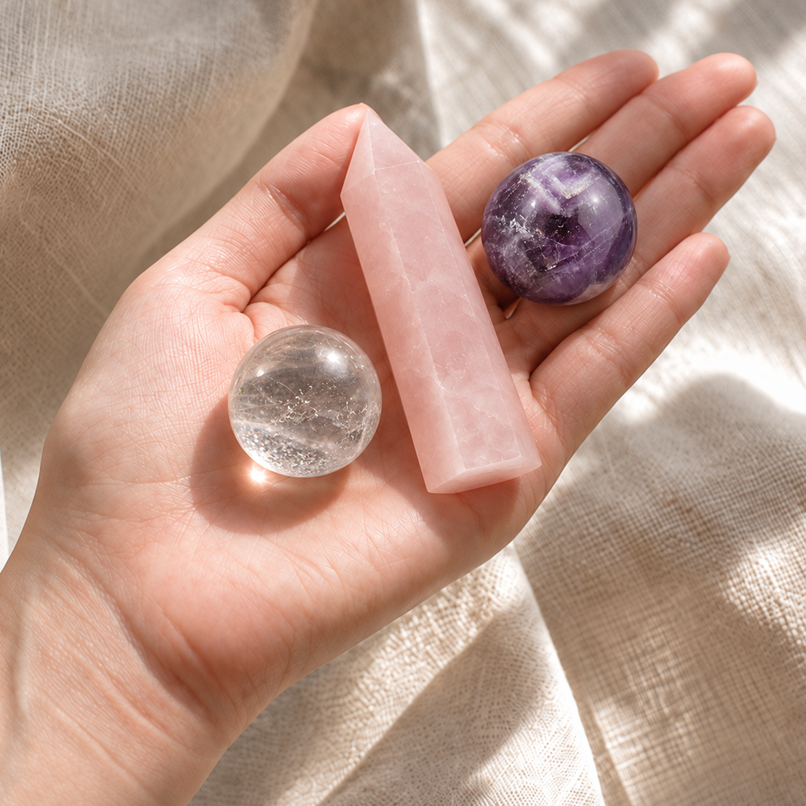 Hand holding the GLISPARK Soft Dream Crystal Set: a 7–8 cm (2.76–3.15 in) rose quartz tower and two 3 cm (1.18 in) spheres—clear quartz and dream amethyst—in soft natural sunlight.